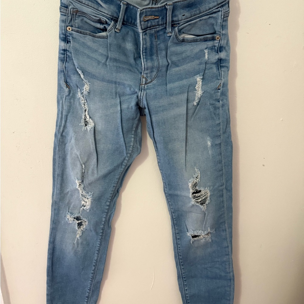 Express Blue Skinny Jeans with Distressed Details
